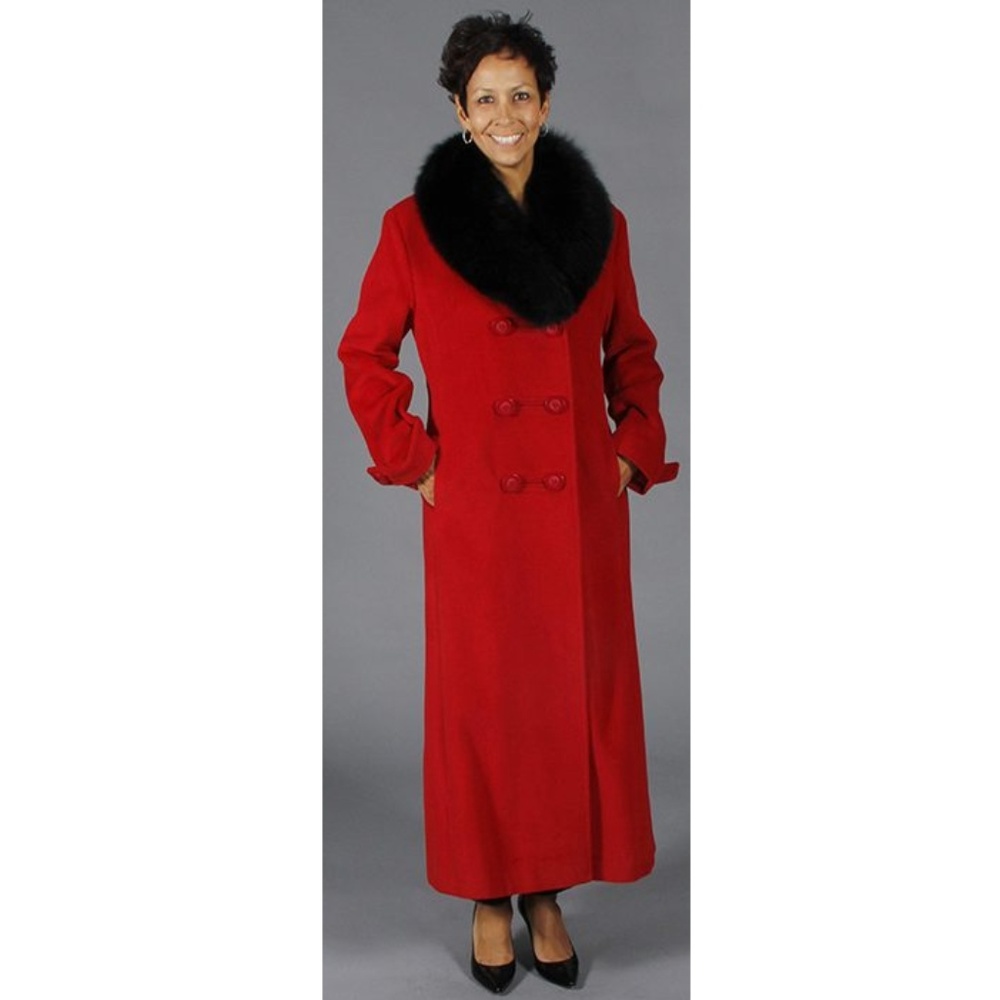 Red Cashmere and Angora Wool Coat with Fox Fur